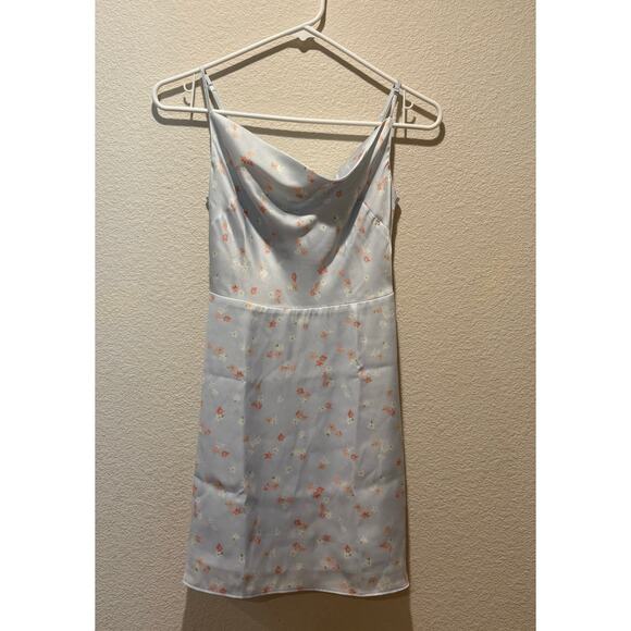 Sunday Best Aritzia Blue Floral Spencer Satin Cowl Neck Mini Dress Size 2XS - Picture 2 of 6